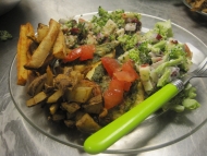 Bruschetta, Apple Broccoli Salad, and home-made French Fries